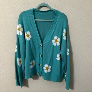 Daisy Cardigan Sweater Blue White Long Sleeve Knit Flower Print Button Down